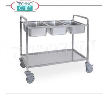 Carros para la recogida selectiva de residuos. Carro de acero inoxidable 18/10 con estante superior para 3 recipientes gastro-norm 1/1 (no incluidos), 1 estante inferior extraíble, medidas mm 1120x620x940h