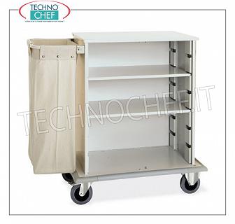 carros de lino - limpieza de los planes de hoteles LAUNDRY CUPBOARD al día, con 2 estantes intermedios ajustable en altura, y el 1 de bastidor lateral con el saco LAUNDRY, parachoques perímetro, 4 ruedas (2 fijas y 2 giratorias), dim.mm.1000x620x1180h