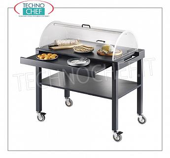 Carritos para postres y quesos Carro para dulces, quesos y entremeses en madera lacada en los colores estándar, con 2 estantes, cúpula de plexiglás, portaplatos deslizable retráctil, capacidad máxima Kg.30, dim.mm.1000x560x1100h