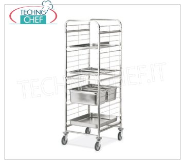 TECHNOCHEF - CARRO DE ACERO INOXIDABLE para 20 GN 2/1 BANDEJAS, MOD CARRO DE SOPORTE DE RACK con guías de alambre de acero inoxidable para 20 GN 2/1 BANDEJAS (mm 530x650), dim.mm.670x730x1810h