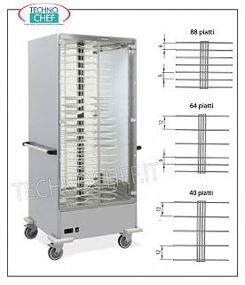 Carro para platos listos para comer, Ventilado, para 88 platos Max con diámetro de 18 a 24 cm, Temp +30°+90°C.- mod. 3360PS-40 CARRO PORTAPLATILLOS en versión con REJILLA PORTAPLATILLOS PASO 120 MM. para un MÁXIMO de 40 PLACAS de DIÁMETRO de 180 a 240 mm., calefacción ventilada con temp. entre +30/+60 °C, V.230/1, Kw. 2.0, dim.mm. 830x770x1900h
