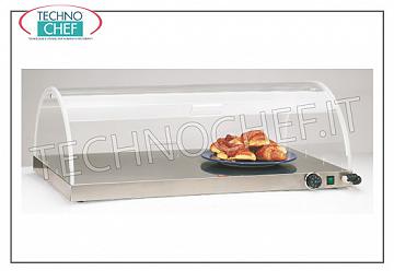 Placas de calor en acero inoxidable. Tapa de mantenimiento CALIENTE, en 18/10 ACERO INOXIDABLE con cúpula PLEXIGLASS, apertura de brújula desde 1 lado, V 230/1, Kw 0.45, dimensiones 920x520x330h mm