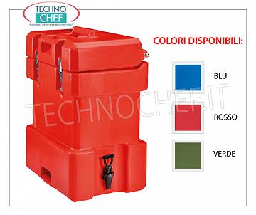 Envases isotérmicos para la distribución de bebidas. Contenedor de polietileno isotérmico, para el mantenimiento de bebidas frías o calientes, capacidad de 25 litros, versión con TAP DE DISPENSACIÓN DELANTERA y APERTURA SUPERIOR, peso 8 kg, dim.mm.310x455x588h