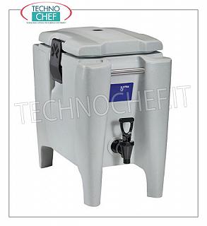 Envases isotérmicos para la distribución de bebidas. Recipiente de polietileno isotérmico, para el mantenimiento de bebidas frías o calientes, capacidad 10 lt., Versión con golpecito de apertura frontal y apertura superior, peso 5,3 kg, dim.mm.265x450x452.5h