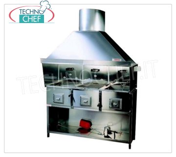 PARRILLA ROMAGNA - Technochef, parrilla / cocina de carbón Romagna con 3 braseros Parrilla de carbón Romagna con 3 braseros, completa con campana extractora con relativo motor y soporte base Pintado Negro, V.230 / 1, Kw.0.75, Peso 200 Kg, dim.mm.1620x850x2410h.