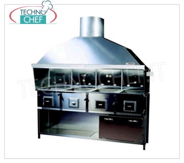 PARRILLA ROMAGNA - Technochef, parrilla/cocina de carbón Romagna con 4 braseros Parrilla de carbón Romagna con 4 braseros, completa de campana extractora con relativo motor y soporte base de acero inoxidable, V.230/1, Kw.0,75, Peso 230 Kg, dim.mm.2150x850x2410h.