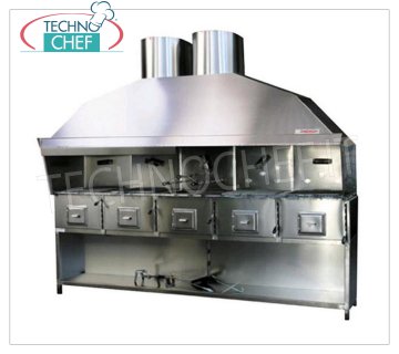 PARRILLA ROMAGNA - Technochef, parrilla / cocina de carbón Romagna con 5 braseros Parrilla de carbón Romagna con 5 braseros, completa con campana extractora con relativo motor y soporte Base INOX, V.230 / 1, Kw.0.75, Peso 300 Kg, dim.mm.2670x850x2410h.