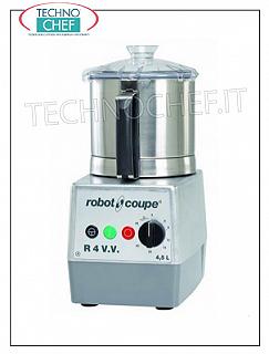 Mesa CUTTER R4 VV, capacidad depósito lt.4,5, marca ROBOT COUPE, profesional Mesa CUTTER R4 VV, marca ROBOT COUPE, con CUBO DE ACERO INOXIDABLE extraíble de 4,5 litros, Velocidad variable 300 / 3.500 rpm, V. 230/1, Kw 1,00, Peso 17 Kg, dimensiones 225x305x460h mm