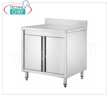 MESA ARMARIO DE ACERO INOXIDABLE con PUERTAS ABATIBLES y PEEDERA, con fondo de 60 y 70 cm Mesa armario de acero inoxidable con puertas batientes y protector contra salpicaduras, dim.mm.600x600x850h