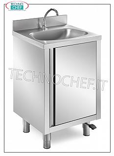 Lavamanos de acero inoxidable con puerta batiente y mando a pedal Lavabo de acero inoxidable sobre mueble con puerta batiente, cubeta semicircular, completo con: mando a pedal con dispensador, dimensiones mm. 500x400x850h