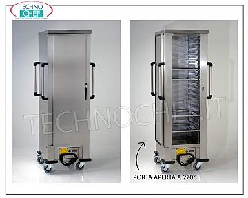 Carro-armario HOT para mantener la temperatura, ventilado para 18 bandejas de 60x40 cm Carro HOT para mantenimiento de temperatura (+30°/+90°C.), con CALEFACCIÓN VENTILADA, 1 Puerta, para 18 bandejas de 600x400 mm, PASO entre GUÍAS 77 mm, V. 230/1, Kw 2,0, Dimensiones 670x790x1995h mm