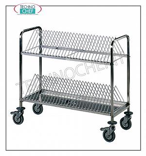 Carro de cajones con rejillas de acero inoxidable para 60 bandejas Carro de cajones con 2 estantes de acero inoxidable con capacidad para 60 bandejas, estructura de soporte en acero inoxidable AISI304, 4 ruedas giratorias, 2 de ellas con freno, topes de goma, tamaño cm. 108x45x95h