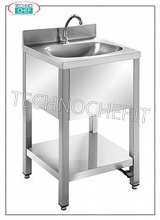 Lavabo de acero inoxidable sobre patas con repisa inferior y pedestal, completo con mando a pedal Lavabo de acero inoxidable sobre patas con repisa inferior y salpicadero, seno semicircular, completo de mando a pedal con dispensador, dimensiones mm. 500x450x850h