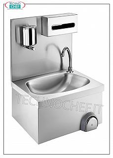 Lavabo en acero inoxidable con respaldo, se puede instalar en la pared Lavabo suspendido de acero inoxidable con respaldo, seno semicircular completo con mando de rodilla y dispensador, dimensiones de jabonera y toallero, mm. 500x400x520h