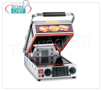 TECHNOCHEF - Plancha de Horno Simple Vitrocerámica, Tapa Lisa y Rayada cm.25x25, Mod.PF2097 PLACA DE HORNO DE MESA VIDRIO CERÁMICA, con superficie inferior LISA y superficie superior RAYADA de 250x250 mm, 2 posiciones de asa: ↑horno y ↓plancha, Función GRILL, V.230/1, Kw.1,35, Peso 21 Kg, dim .mm. 360x500x560h