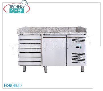 Mesa para Pizza Refrigerada 1 Puerta y 7 Cajones, Tapa de Granito, Ventilada Clase C MOSTRADOR DE PIZZA REFRIGERADO 1 PUERTA + CÓMODA, encimera de granito, Temp.-2°/+8°C, Ventilado, ECOLÓGICO en CLASE C, GAS R600a, completo con grupo frigorífico, V.230/1, Kw.0,275, Peso 304 Kg, .dim.mm.1510x800x1000h