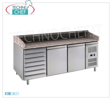 Mostrador para Pizza 2 Puertas, 7 Cajones, Tapa de Granito, Ventilado, Ecológico, Clase C MOSTRADOR PARA PIZZA REFRIGERADO 2 PUERTAS + CAJÓN, tapa de granito con soporte en 3 lados, temperatura -2 ° / + 8 ° C, Ventilado, ECOLÓGICO en CLASE C, GAS R600a, V.230 / 1, Kw.0,275, Peso 327 Kg, dim.mm.2020x800x1000h