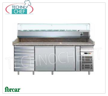 Mostrador para pizza 2 PUERTAS, 7 cajones, con vitrina de 330 o 380 mm de PROFUNDIDAD, Clase B Mostrador de pizza refrigerado 2 PUERTAS + CÓMODA, con vitrina refrigerada de 330 mm de fondo, capacidad 10 recipientes GN 1/4 (265x162 mm), temperatura +2/+8°C, Ventilado, ECOLÓGICO en Clase B, Gas R290, V .230/ 1, Kw.0,26, dim.mm.2025x800x1445h