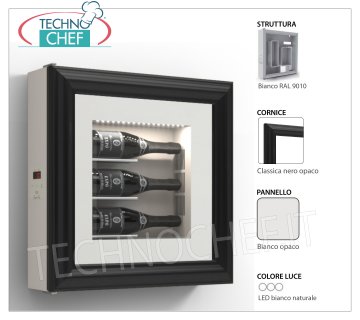 PANEL DE VINO REFRIGERADO, 3 BOTELLAS, Temp.+8°/+14° Vinoteca REFRIGERADA, 3 Botellas, versión con: estructura BLANCO, panel BLANCO MATE, marco NEGRO MATE CLÁSICO, Luz LED blanca natural, Temp.+8°/+14°, V.230/1, Kw.0.06, Peso 22 Kg , dim.mm.600x600x155h