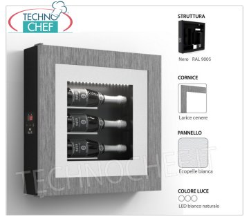 CAJA DE VINO REFRIGERADO, 3 BOTELLAS, Temp.+8°/+14° Panel vino REFRIGERADO, 3 botellas, versión con: Estructura NEGRA, panel ECOPIEL BLANCO, marco LAMINADO color ALERCE FRESNO, Luz LED blanca natural, Temp.+8°/+14°, V.230/1, Kw.0, 06, Peso 22 Kg, dim.mm.600x600x155h