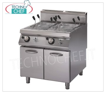 Technochef - COCINA DE PASTA A GAS en MÓVIL, 2 pozos de 40 + 40 lt, mod. PK90 / 80CPGS Cocina de pasta a gas en armario, línea 900, 2 depósitos de acero inoxidable de 40 + 40 lt, potencia térmica Kw. 23,6, peso 171 kg, dimensiones 800x900x870h mm