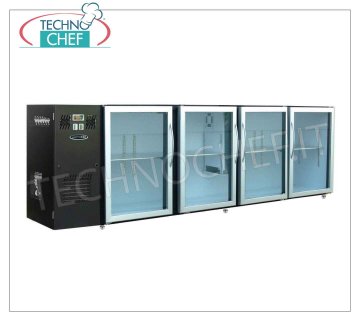 Barra de bar Refrigerada con 4 puertas de vidrio, Ventilada, Temperatura + 2° + 8° - en Skinplate Negro, 240 cm de largo Mostrador refrigerado para bares, 4 puertas de vidrio, ventilado, temp + 2° + 8° - 610 lt, V. 220/1, 50Hz, dim. milímetro 2400x540x850h