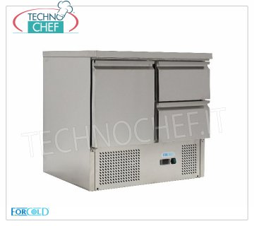 Forcold-Nevera/Refrigerado Mesa 1 Puerta+2 Cajones, Temp.+2°/+10°C, lt.230, Estático, mod.G-S9012D-FC Mesa Frigorífica 1 Puerta y 2 Cajones, Profesional, Capacidad 230 litros, Temperatura +2°/+10°C, Refrigeración estática, Gastro-Norma 1/1, Gas R600a, V.230/1, Kw.0,235, Peso 71 Kg , dim.mm.900x700x850h