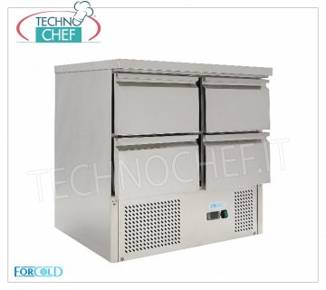 Forcold - Frigorífico/Mesa Frigorífica 4 Cajones, Temp.+2°/+10°C, lt.220, Estático, mod.G-S9014D-FC Mesa Frigorífica con 4 Cajones, Profesional, Capacidad 220 litros, Temperatura +2°/+10°C, Refrigeración estática, Gastro-Norm 1/1, Gas R600a, V.230/1, Kw.0,235, Peso 80 Kg, dim .mm.900x700x850h