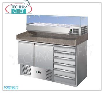 Mostrador para pizza refrigerado, 2 puertas, 6 cajones, tapa de granito y vitrina para ingredientes de 1/3 o 1/4 g Mesa pizzera refrigerada 2 puertas + cómoda, con vitrina refrigerada de 330 mm de fondo, capacidad 6 recipientes GN 1/4 (265x162 mm), temperatura ventilada +2°/+8°C, ECOLÓGICO en Clase E, Gas R600a, V.230 /1, Kw.0,235, Peso Kg. 280, dim.mm.1420x700x1455h