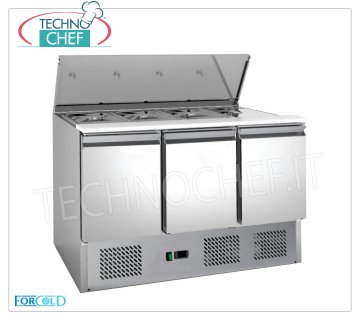 Saladette Refrigerada 3 Puertas, diseñada para 4 sartenes GN 1/1, mod. S903-FC Saladette refrigerada para ensaladas de 3 PUERTAS, capacidad 4 recipientes GN 1/1 (530x325 mm), Temp.+2°/+8°C, Estática, Gas ECOLÓGICO R600a, V.230/1, Kw.0,235, Peso 104 Kg , dim.mm.1365x700x865h