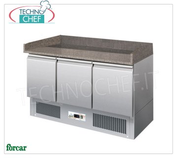 Mostrador para Pizza Refrigerado GN, 3 PUERTAS, tapa de GRANITO con salpicadero en 3 lados, Clase C MOSTRADOR DE PIZZA REFRIGERADO de 3 PUERTAS, Tapa de GRANITO, Temp.+2°/+8°C, Estático, ECOLÓGICO en Clase C, Gas R600a, V.230/1, Kw.0,235, Peso 170 Kg, dim.mm 1400x700x1020h