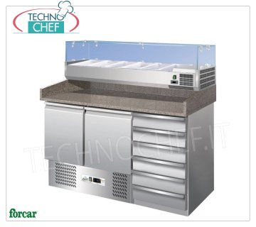 Mostrador pizzero INOX 304, 2 Puertas, 6 Cajones y Vitrina Ingredientes 1/3 o 1/4 GN, Clase C Mesa pizzera refrigerada de 2 puertas, cómoda de 6 cajones, con vitrina refrigerada de 330 mm de fondo, capacidad 6 recipientes GN 1/4 (265x162 mm), temp.+2°/+8°C, Estática, ECOLÓGICA en CLASE C, Gas R600a, V.230/1, Kw.0,155, dim.mm.1400x700x1465h