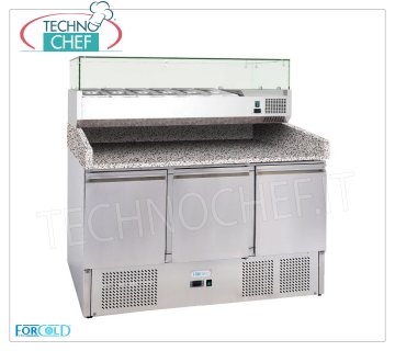 Mostrador Refrigerado para Pizza de 3 PUERTAS, tapa de GRANITO y Vitrina de Ingredientes de 1/3 o 1/4 gn, Clase E Pizzería refrigerada de 3 puertas, con vitrina refrigerada de 330 mm de profundidad, capacidad 6 recipientes GN 1/4 (265x162 mm), Temp. Ventilado + 2 ° / + 8 ° C, ECOLÓGICO en Clase E, Gas R600a, V.230 / 1, Kw 0,435, dim.mm.1400x700x1455h