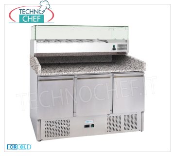 Mostrador para pizza refrigerado de 3 PUERTAS, tapa de GRANITO y vitrina para ingredientes de 1/3 o 1/4 gn, Clase E Mostrador de pizza refrigerado de 3 puertas, con vitrina refrigerada de 330 mm de fondo, capacidad 6 recipientes GN 1/4 (265x162 mm), temp. ventilada +2°/+8°C, ECOLÓGICO en Clase E, Gas R600a, V.230 /1 , Kw.0,435, dim.mm.1400x700x1455h