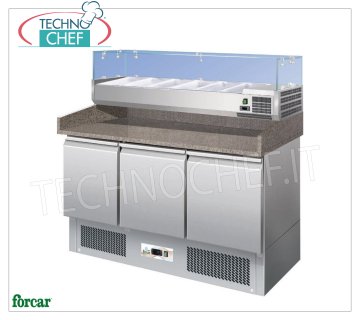 Mostrador de Pizza Refrigerado 3 PUERTAS, tapa de GRANITO y Vitrina de Ingredientes 1/3 o 1/4 gn, Clase C MESA PIZZA REFRIGERADA de 3 PUERTAS, encimera de GRANITO con vitrina refrigerada de 330 mm de fondo, capacidad 6 cubetas GN 1/4 (265x162 mm), temp.+2°/+8°C, Estática, ECOLÓGICA en Clase C, Gas R600a, V.230/1, Kw.0,235, dim.mm.1400x700x1465h