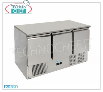 Forcold - Frigorífico / Mesa Refrigerada 3 Puertas, Temp. + 2 ° / + 8 ° C, lt.368, Estático, modelo G-S903TOP-FC Mesa Frigorífica 3 Puertas, Profesional, capacidad 368 lt, Temperatura + 2 ° / + 8 ° C, Refrigeración estática, Gastro-Norm 1/1, ECOLOGICO en Clase E, Gas R600a, V.230 / 1, Kw.0,235, Peso 110 Kg, dimensiones mm.1365x700x850h