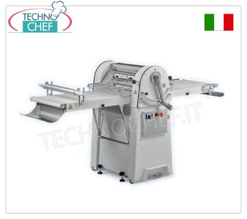 LAMINADORA DE PASTELERÍA con CORREAS de 120x50 cm equipada con Recolector de Hojaldres, mod. SF-500-120 Laminadora de pastelería profesional con CORREAS-FUERTAS de 1200x500mm equipada con PLACA BAJO PARA HARINA y RECOGEDOR DE PASTELERÍA, RODILLOS LAMINADORES DE MM. 500 regulable de: 0 a 35 mm, peso 162 kg, kw 0,75, dim. abierto mm. 2800x880x1100h