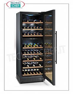 Bodega Refrigerada 1 puerta de vidrio, capacidad 96 botellas, doble temperatura BODEGA REFRIGERADA con 1 puerta de cristal, CAPACIDAD 96 BOTELLAS, descongelación automática, doble temperatura: + 5 ° + 12 ° C / + 12 ° + 22 ° C, iluminación led, V.230 / 1, Kw.0.15, dim.mm.595x590x1640h