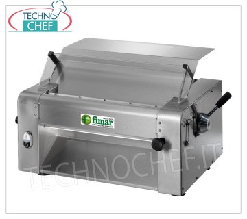 Laminadora con 1 par de rodillos de acero inoxidable pulido 304 para mesa LAMINADORA-Rodillo para pizza con 1 PAR DE ROLLOS DE ACERO INOXIDABLE para pizza y pasta al huevo, LONGITUD DEL ROLLO 320 mm, V 230/1, kW 0,37, dim. milímetro 580x480x400h