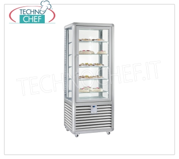 Vitrina Pastelería Refrigerada 1 Puerta, 4 vitrinas, 5 estantes rectangulares, Línea CURVE Vitrina refrigerada de 1 puerta para Pastelería, Línea CURVE, con 4 lados de exhibición, 5 estantes de vidrio rectangulares, capacidad Lt. 427, temperatura de funcionamiento + 4 ° / + 10 ° C, refrigeración ventilada, V.230 / 1, Kw. 0 ,54, Peso 170 Kg, dim.mm.720x620x1860h
