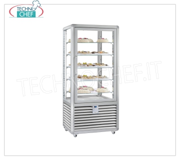 Vitrina Pastelería Refrigerada 1 Puerta, 4 vitrinas, 5 estantes rectangulares, Línea CURVE Vitrina refrigerada de 1 puerta para Pastelería, Línea CURVE, con 4 lados de exhibición, 5 estantes de vidrio rectangulares, capacidad 541 l, temperatura de funcionamiento + 4 ° / + 10 ° C, refrigeración ventilada, V.230 / 1, Kw. 0, 54, Peso 176 Kg, dim.mm.900x620x1860h