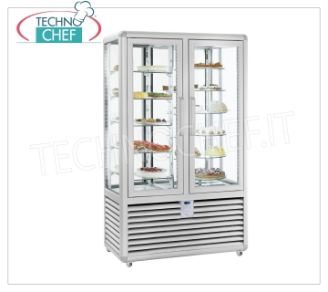 Vitrina Pastelería Refrigerada 2 Puertas, 4 laterales, 5 baldas rectangulares + 6 baldas giratorias Vitrina refrigerada de 2 puertas para Pastelería, Línea CURVE, con 4 lados de exhibición, 5 estantes rectangulares + 6 estantes giratorios, capacidad 742 litros, temperatura + 4 ° / + 10 ° C, refrigeración ventilada, V.230 / 1, Kw. 0 , 54 + 0.54, Peso 294 Kg, dim.mm.1180x620x1860h