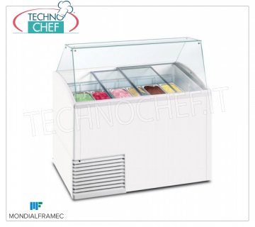 MONDIAL FRAMEC - Vitrina para helado de crema, lt.431, Mod. SLANT510ICE Vitrina para helados cremosos, MONDIAL FRAMEC, capacidad 431 litros, temperatura -15 ° / -20 ° C, estática con evaporador envuelto en el tanque, V. 230/1, Kw 0.28, Peso 103 Kg, dim.mm.1341x725x1235h