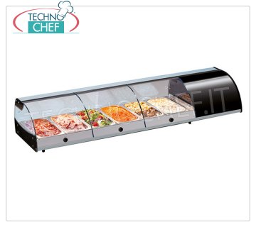 Technochef - GABINETE DE PANTALLA REFRIGERADA CONTADOR, capacidad de 4 a 10 contenedores GN 1/3 Vitrina refrigerada para mostrador con vidrio curvado, capacidad 4 contenedores Gastro-Norm 1/3, temperatura + 3 ° / + 5 ° C, V.230 / 1, Kw. 0.262, Peso 30 Kg, dim.mm.1085x380x255h