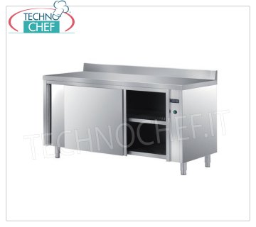 TECHNOCHEF - Aparador caliente en acero inoxidable 304, con puertas correderas y montante, profundidad 60 cm Vitrina caliente en acero inoxidable 304, ventilacion electrica con pedestal, 2 puertas correderas de nido de abeja y estante intermedio regulable, termostato digital, V 230/1, Kw 2,5, dimensiones 1200x600x850h mm