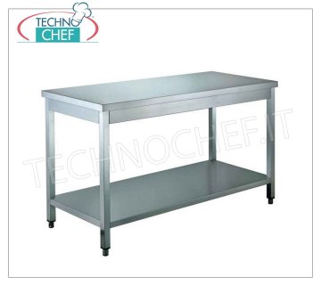 Mesas con patas de acero inoxidable con estante inferior, profundidad 70 cm Mesa de trabajo de acero inoxidable con patas y estante inferior, dim. milímetro 600x700x850h