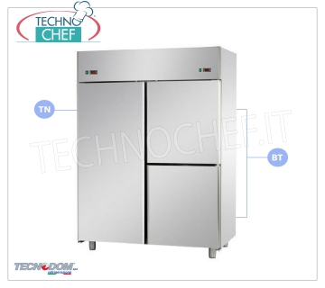 Mueble Frigorífico Congelador Combinado Profesional 1 puerta + 2 1/2 puertas, 2 temperaturas, 1400 l, TECNODOM Frigorífico/Congelador Combinado 1 puerta + 2 medias puertas, marca TECNODOM, estructura de acero inoxidable, 1400 lts, temperatura dual 0°/+10°C, -18°/-22°C, refrigeración ventilada, GN 2/1, V.230/1, Kw.0,385+0,65, Peso 192 Kg, dim.mm.1420x800x2030h