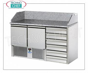 Mostrador Pizza Refrigerado, GN, 2 Puertas, 6 Cajones, Sobre de Granito, Ecológico MESA PIZZA REFRIGERADA GN, 2 PUERTAS, CÓMODA de 6 cajones, Temp. ventilada +4°/+10°C, completa con grupo frigorífico, encimera de granito con salpicadero, V.230/1, Kw.0,28, peso 216 Kg, dim.mm.1410x700x1070h