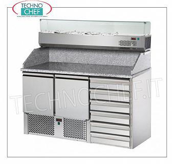 Mostrador de Pizza Refrigerado, GN, 2 Puertas 6 Gavetas, Top de Granito, Vitrina de Ingredientes 1/4 gn, MESA PIZZA REFRIGERADA, GN, de 2 PUERTAS, CAJONERA 6 Cajones, Encimera de GRANITO, Ventilada temp.+4°/+10°C, ECOLÓGICA, VITRINA REFRIGERADA GN 1/4, V.230/1, Kw.0,28 , peso 245 Kg, dim.mm.1410x700x1525h