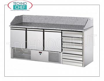 Pizzería Refrigerada, GN, 3 Puertas, 6 Cajones, Tapa de Granito con Soporte, Ecológico MOSTRADOR PARA PIZZA GN REFRIGERADO, 3 PUERTAS, 6 CAJONES, Tapa DE GRANITO, Temp. Ventilado + 4 ° / + 10 ° C, ECOLOGICO, V.230 / 1, Kw.0,3, peso 227 Kg, dim.mm. 1900x700x1070h